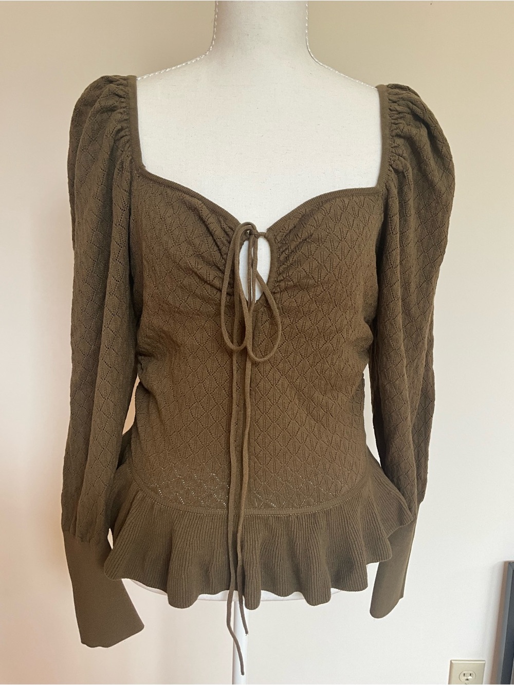 Ulla Johnson Olive Knit Peplum Tie-Front Top